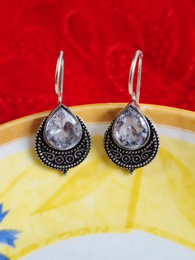 Oxidized Brass Teardrop Earrings with Clear Stone