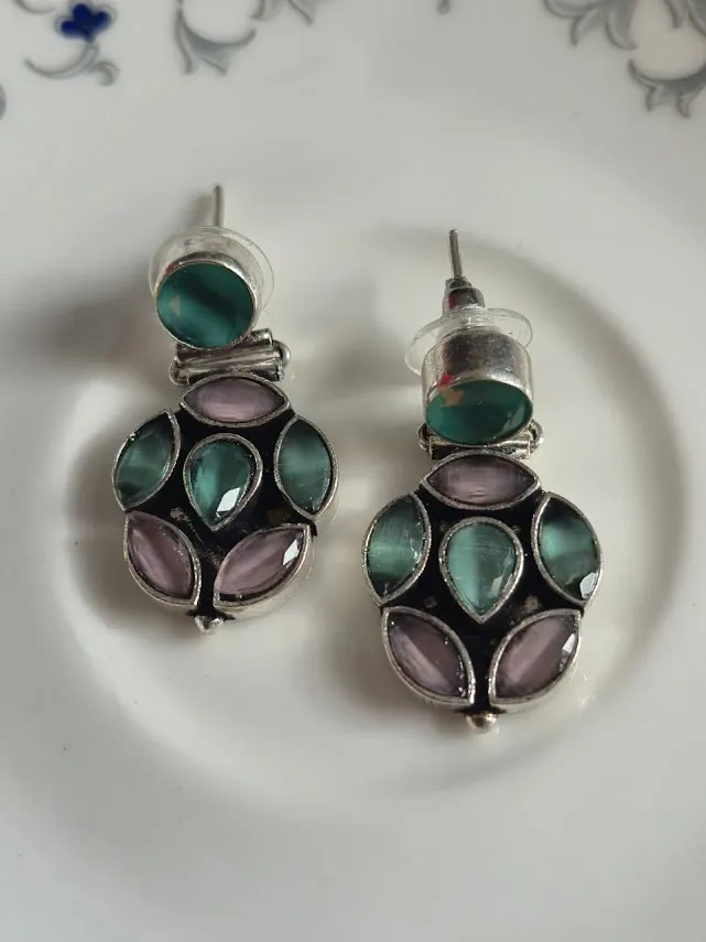 Oxidized Brass Green & Grey Stone Drop Earrings | Handmade Statement Earrings | Boho Ethnic Jewelry for Women - Image 4