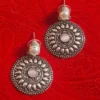 Oxidized Brass Disc Earrings with Pink Stone & Pearl Stud