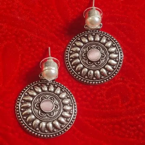 Oxidized Brass Disc Earrings with Pink Stone & Pearl Stud