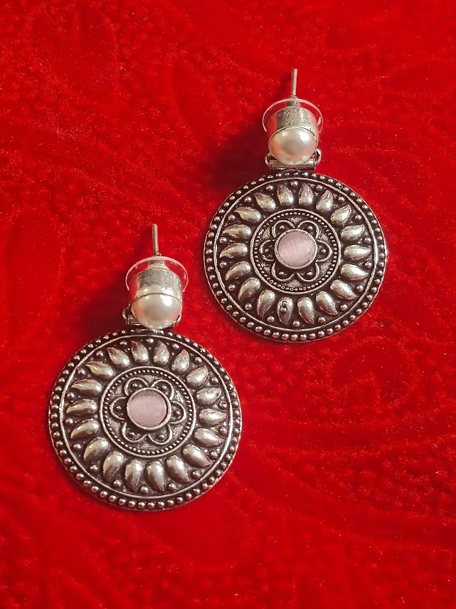 Oxidized Brass Disc Earrings with Pink Stone & Pearl Stud
