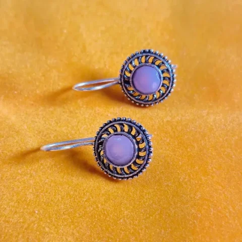 Oxidized Brass Lavender Stone Round Earrings