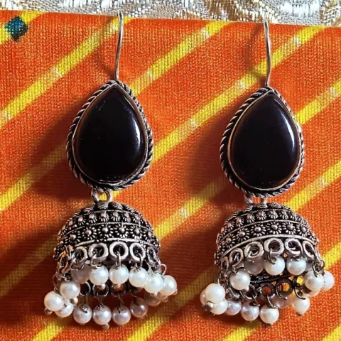 Oxidized Brass Black Stone Jhumka Earrings with Pearl Drops