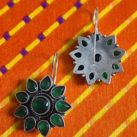 Green Stone Floral Brass Dangle Earrings with Oxidized Finish