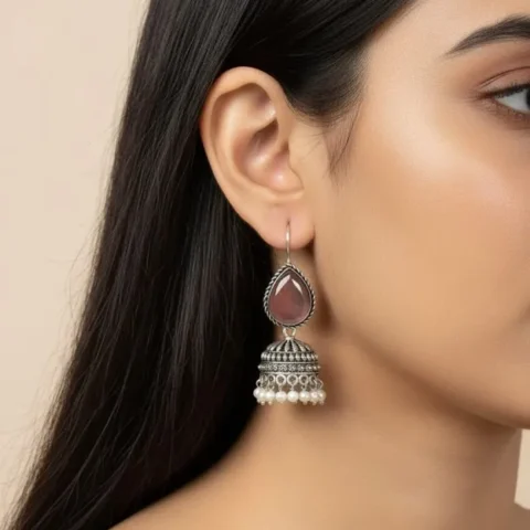 Oxidized Brass Pink Stone Jhumka Earrings with Pearl Drops
