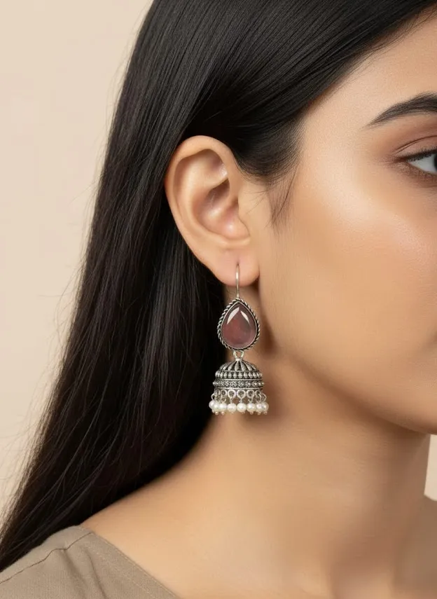 Oxidized Brass Pink Stone Jhumka Earrings with Pearl Drops