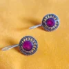 Oxidized Brass Magenta Stone Round Earrings