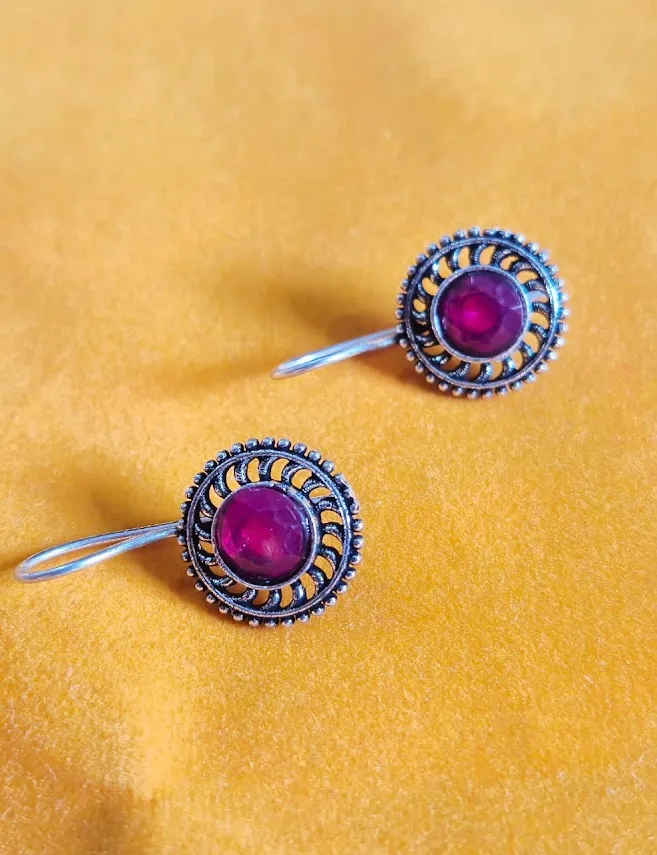 Oxidized Brass Magenta Stone Round Earrings