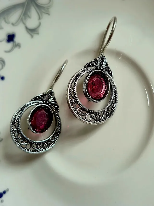 Oxidized Brass Ruby Pink Stone Filigree Drop Earrings | Handmade Vintage Oval Hoop Earrings for Women | Ethnic Tribal Boho Jewelry Gift - Image 3