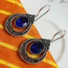 Oxidized Brass Blue Stone Filigree Drop Earrings