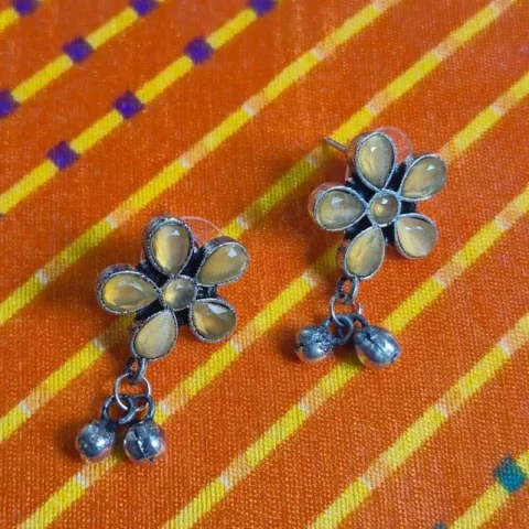 Oxidized Brass Yellow Floral Earrings with Ghungroo Drops