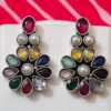 Oxidized Brass Multicolor Stone & Pearl Drop Earrings