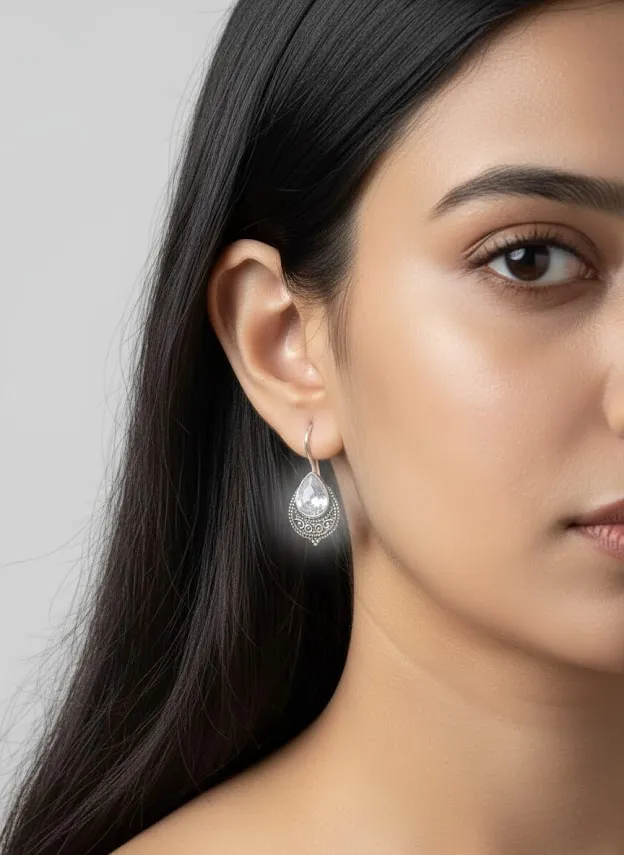 Oxidized Brass Teardrop Earrings with Clear Stone | Handmade Tribal Drop Earrings for Women | Boho Ethnic Jewelry Gift - Image 4