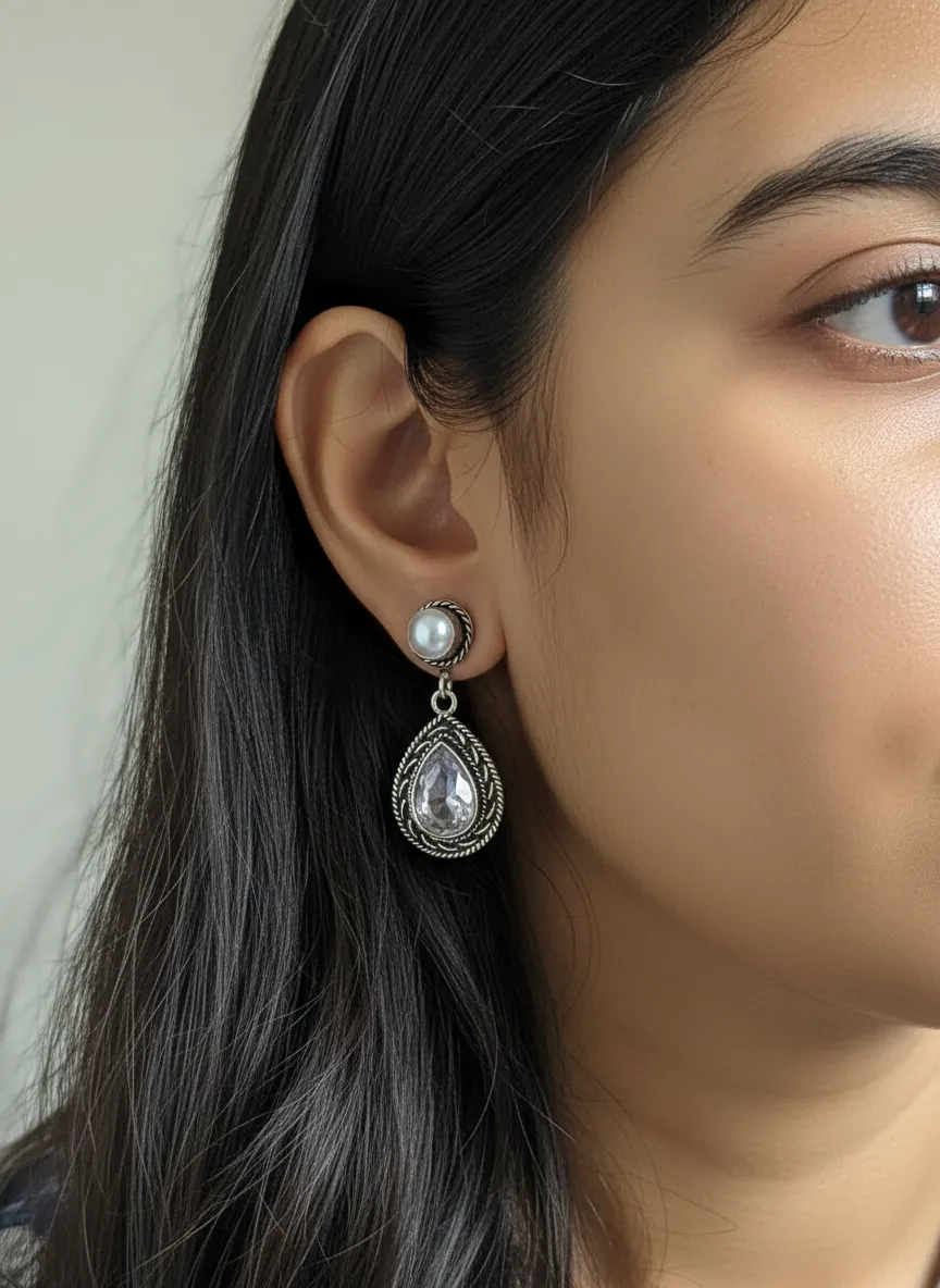 Oxidized Brass Teardrop Earrings with White Transparent Stone & Pearl Stud