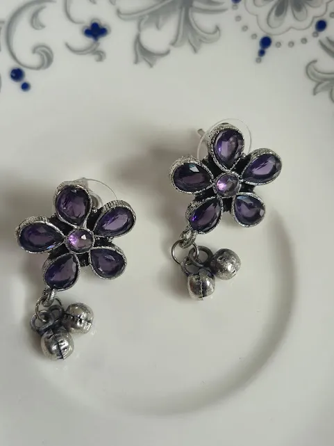 Oxidized Brass Purple Flower Earrings with Ghungroo Drops | Floral Stud Earrings | Handmade Boho Tribal Jewelry for Women - Image 3