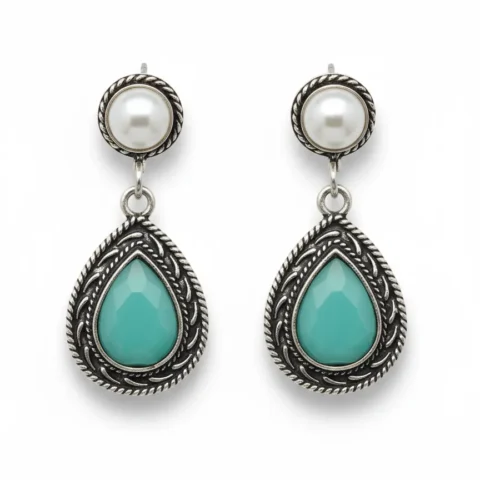Oxidized Brass Teardrop Earrings with Teal Stone & Pearl Stud