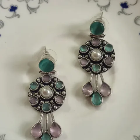 Vintage Oxidized Brass Earrings with Green Stones & Pearl Drop