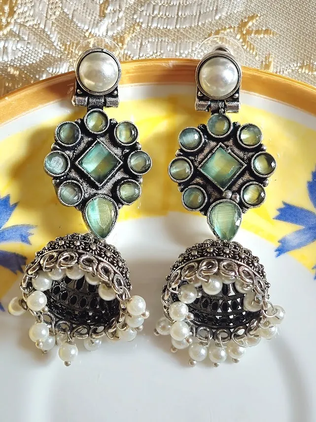 Oxidized Brass Teal Stone Jhumka Earrings with Pearl Drops | Traditional Indian Statement Earrings | Handmade Ethnic Jewelry for Women - Image 3