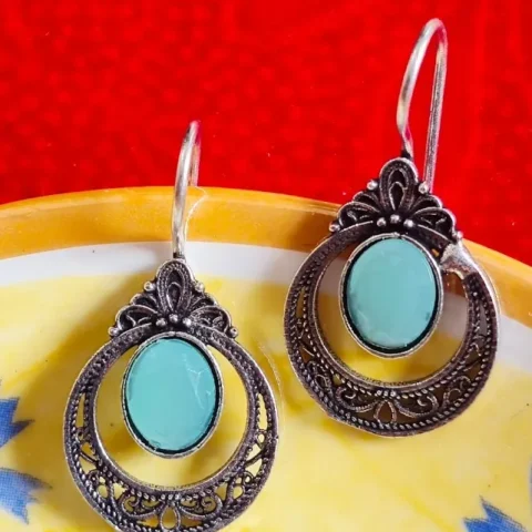 Oxidized Brass Aqua Green Stone Filigree Drop Earrings