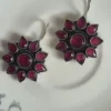 Handcrafted Oxidized Brass Ruby Red Floral Drop Earrings