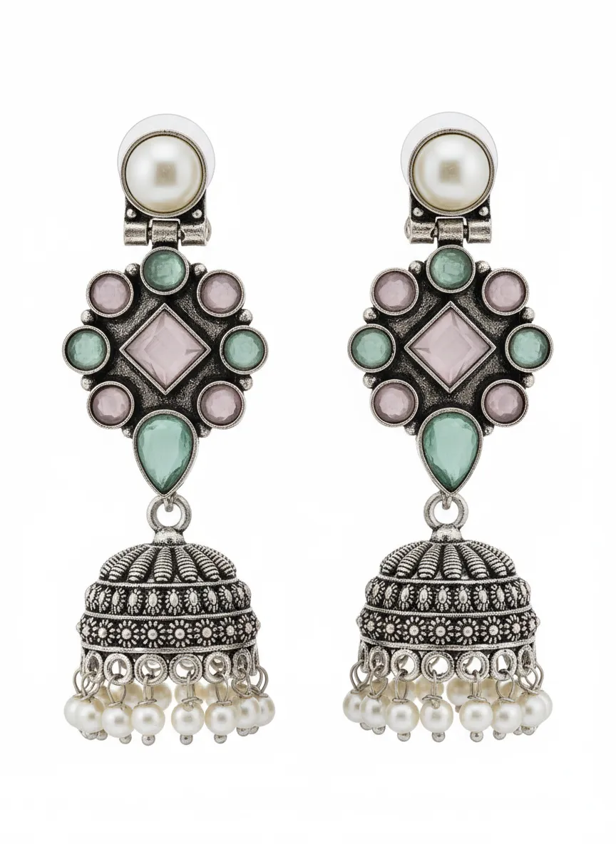 Oxidized Brass Multicolor Stone Jhumka Earrings with Pearl Drops | Traditional Indian Statement Earrings | Handmade Ethnic Jewelry for Women - Image 3