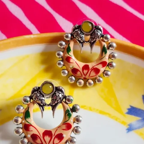 Cream Handpainted Enamel Brass Stud Earrings