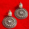 Oxidized Brass Disc Earrings with White Stone & Pearl Stud