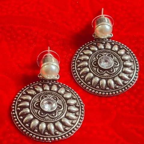 Oxidized Brass Disc Earrings with White Stone & Pearl Stud