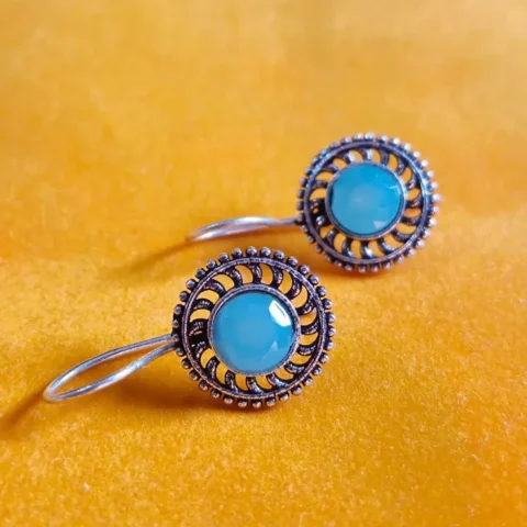 Oxidized Brass Aqua Blue Stone Round Earrings