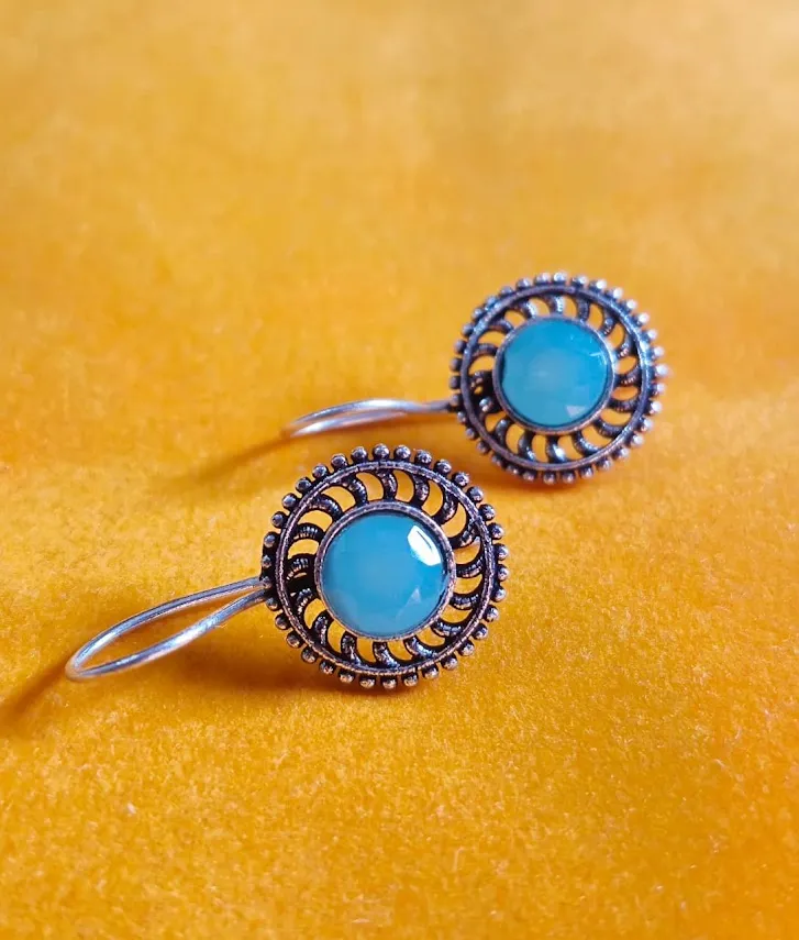 Oxidized Brass Aqua Blue Stone Round Earrings