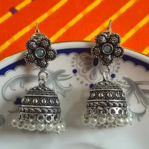 Oxidized Silver Finish Brass Jhumka Earrings with Pearl Drops