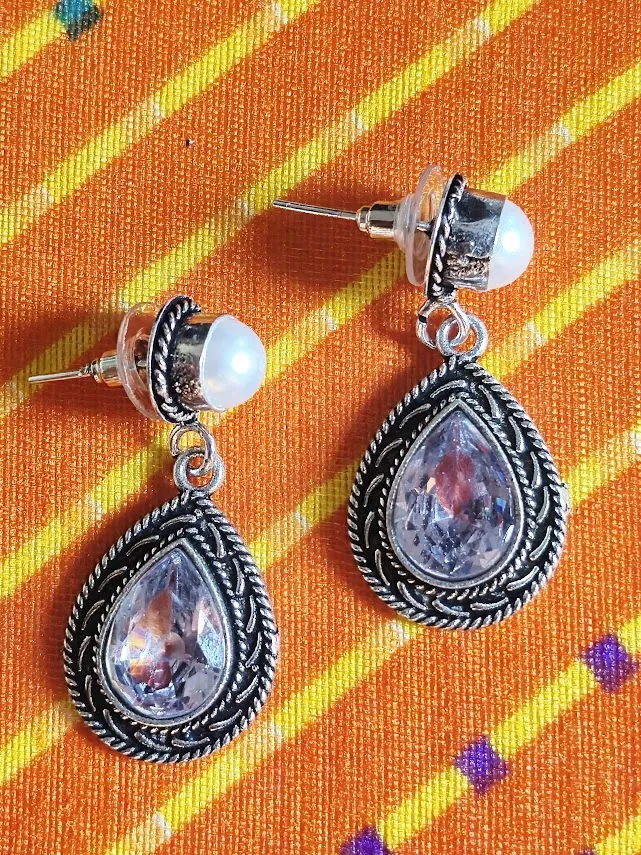 Oxidized Brass Teardrop Earrings with White Transparent Stone & Pearl Stud | Vintage Boho Drop Earrings for Women - Image 3