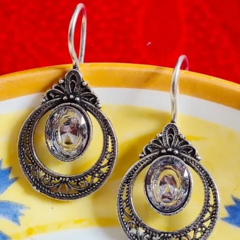 Vintage Silver Look Oval Crystal Brass Dangle Earrings