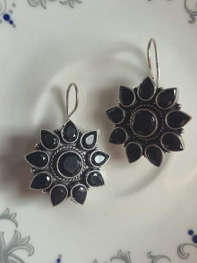 Black Stone Floral Brass Earrings