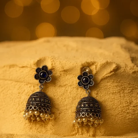 Oxidized Brass Floral Jhumka Earrings with Blue Stone & Pearl Drops