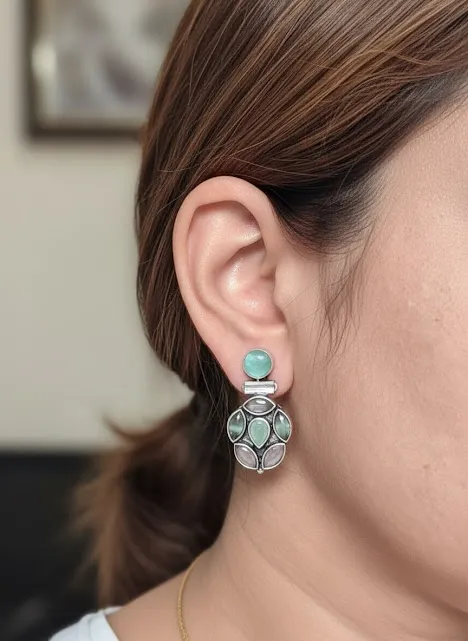 Oxidized Brass Green & Grey Stone Drop Earrings | Handmade Statement Earrings | Boho Ethnic Jewelry for Women - Image 5