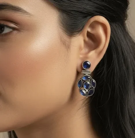 Oxidized Brass Blue Stone Drop Earrings