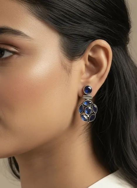 Oxidized Brass Blue Stone Drop Earrings