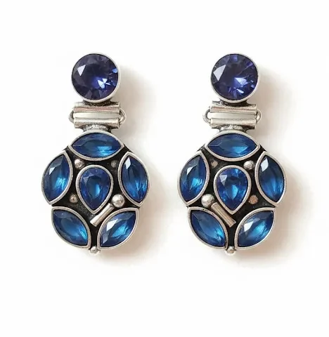 Oxidized Brass Blue Stone Drop Earrings