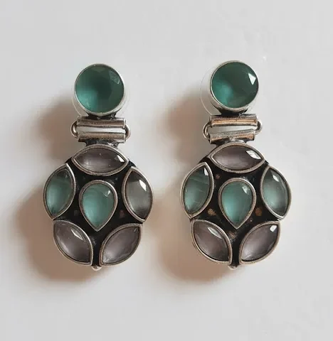 Oxidized Brass Green & Grey Stone Drop Earrings