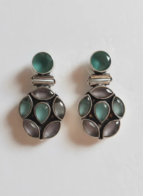 Oxidized Brass Green & Grey Stone Drop Earrings