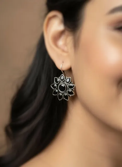 Black Stone Floral Brass Earrings | Oxidized Finish Statement Dangle Earrings for Women | Vintage Ethnic Jewelry | Gift for Her - Image 5