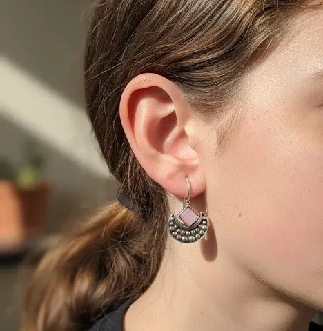 Oxidized Brass Pink Stone Half-Moon Earrings