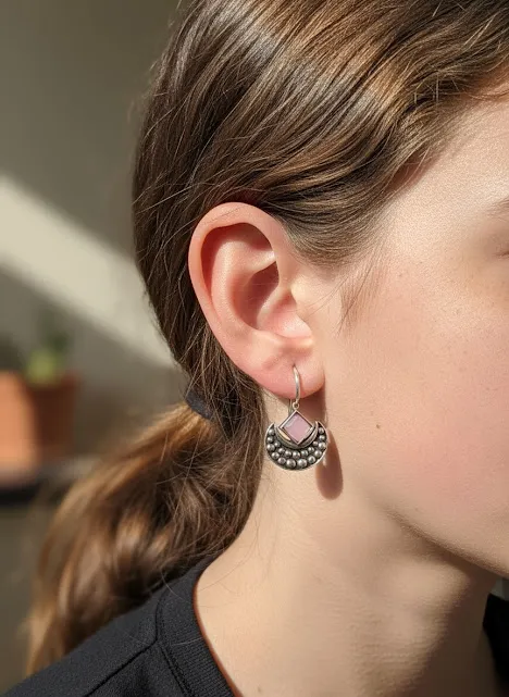 Oxidized Brass Pink Stone Half-Moon Earrings