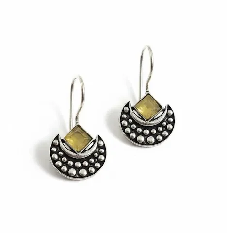 Oxidized Brass Yellow Stone Half-Moon Earrings