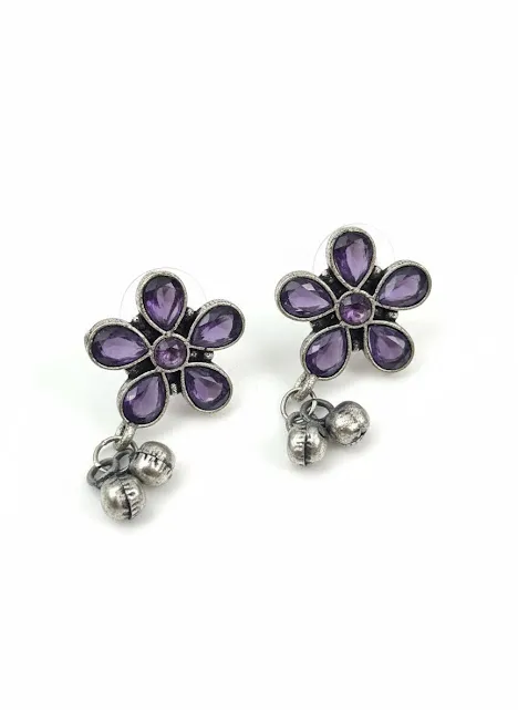 Oxidized Brass Purple Flower Earrings with Ghungroo Drops | Floral Stud Earrings | Handmade Boho Tribal Jewelry for Women - Image 6