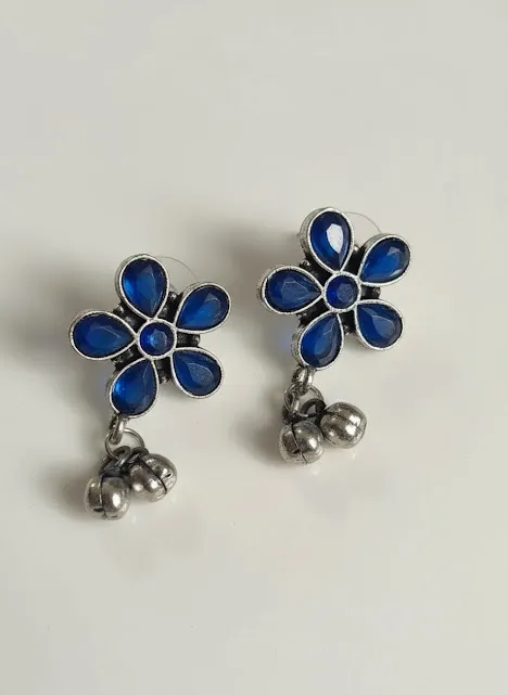 Oxidized Brass Blue Flower Earrings with Ghungroo Drops | Floral Stud Earrings | Handmade Tribal Boho Jewelry for Women - Image 6