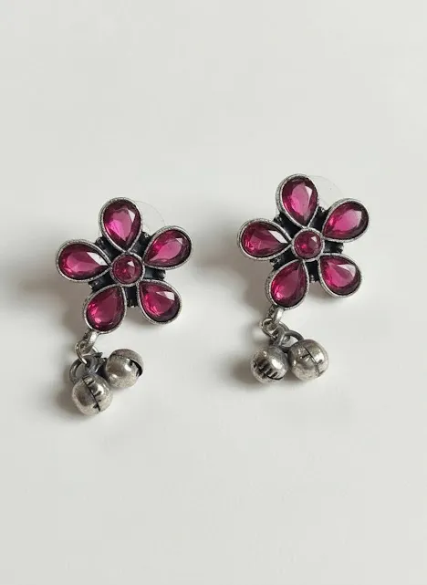 Oxidized Brass Red Flower Earrings with Ghungroo Drops | Handmade Floral Stud Earrings | Boho Tribal Jewelry for Women - Image 6