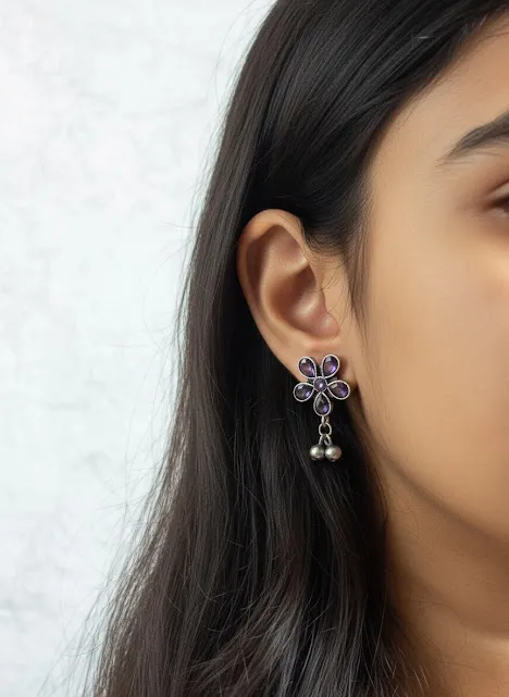 Oxidized Brass Purple Flower Earrings with Ghungroo Drops | Floral Stud Earrings | Handmade Boho Tribal Jewelry for Women - Image 7