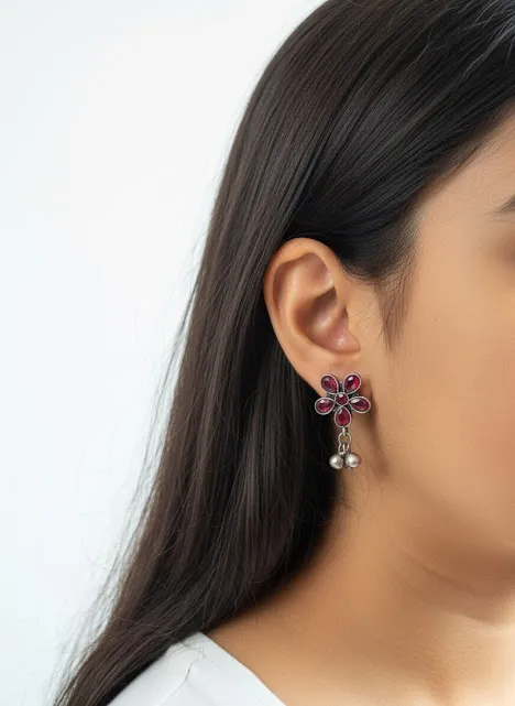 Oxidized Brass Red Flower Earrings with Ghungroo Drops | Handmade Floral Stud Earrings | Boho Tribal Jewelry for Women - Image 7